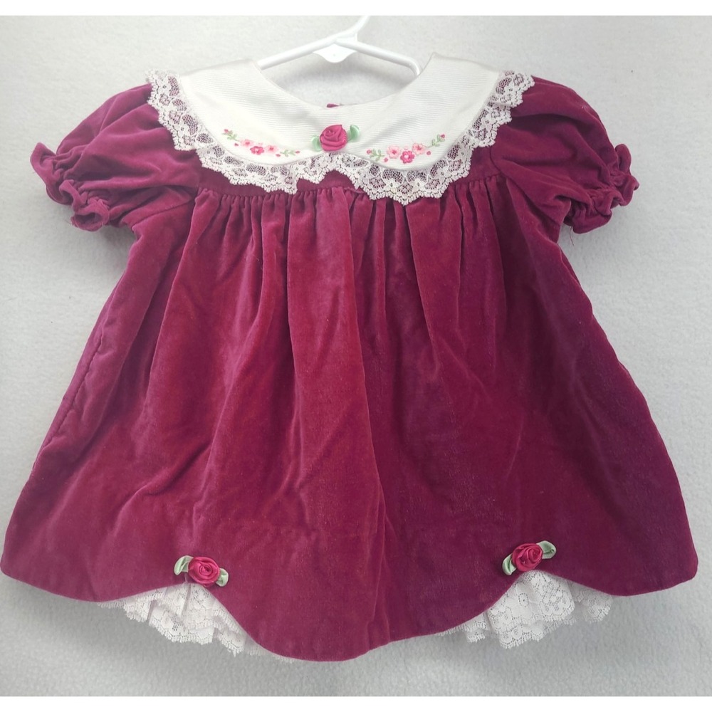 Vintage Magenta Velvet Dress with Trim Classic 6-9 months